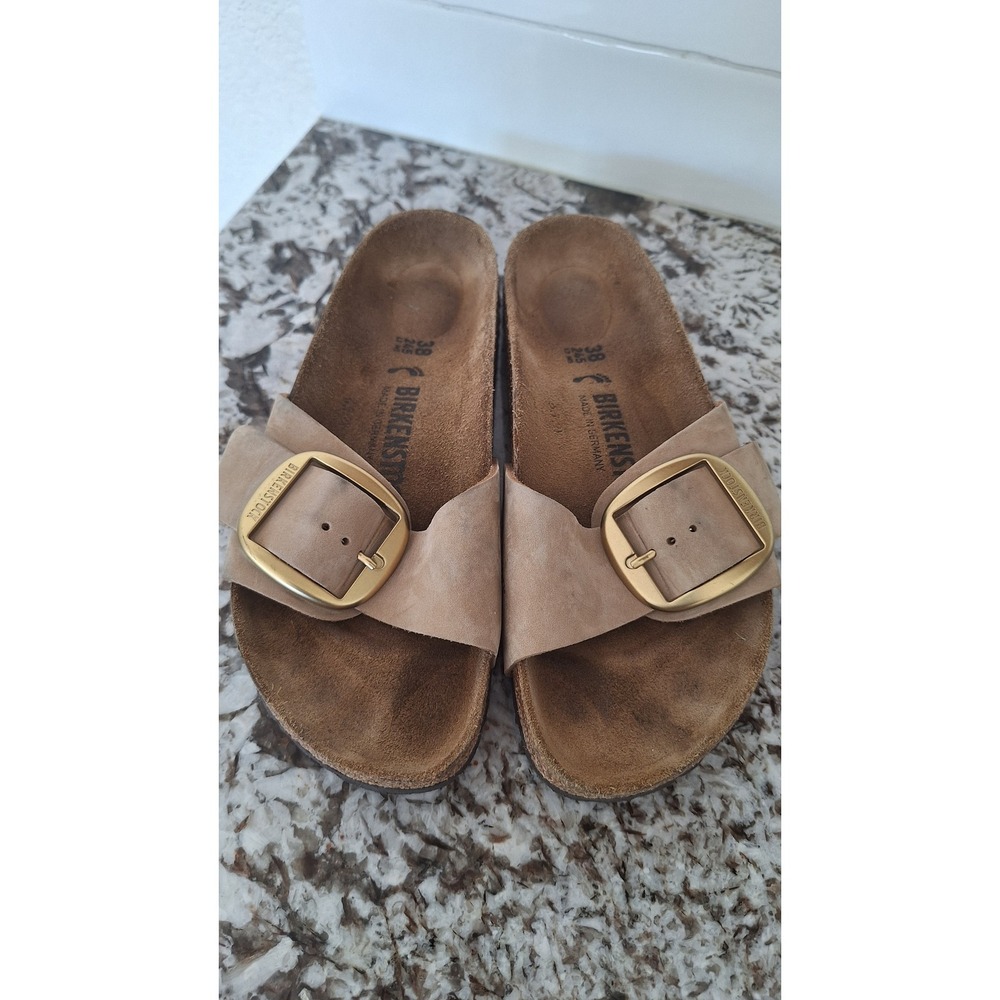Birkenstock Madrid Big Buckle Sandal Tan Nubuck Leather Slide EU 38 US 7-7.5